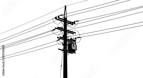 Silhouette of utility pole with transformer and insulators, parallel power lines, electric distribution, urban infrastructure, voltage grid scene