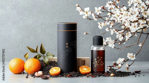 Wallpaper Mural A still life arrangement featuring two oranges, loose tea leaves, a black tea canister, and a glass bottle of tea, with delicate white blossoms overhead. Torontodigital.ca