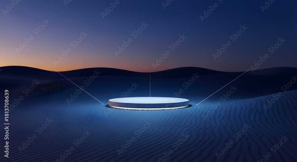 Obraz premium A glowing circular platform in a desert at twilight, surrounded by sand dunes under a darkening sky.