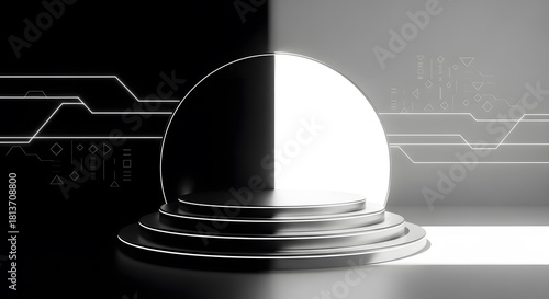 A futuristic sphere on a tiered pedestal with digital circuit patterns in the background, split between dark and light halves.