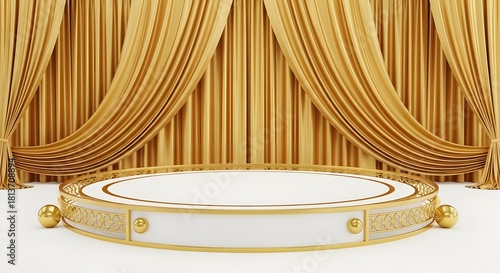 Circular golden podium with ornate design and draped golden curtains in a luxurious setting