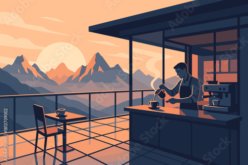 Barista making coffee on mountain-view terrace at sunrise