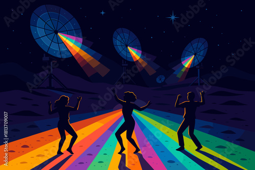 People dancing under rainbow beams from satellite dishes