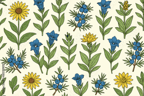 Seamless botanical pattern with wildflowers and berries