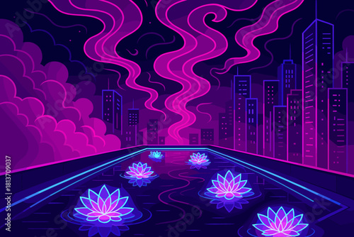 Futuristic neon lotus flowers in a cityscape night scene