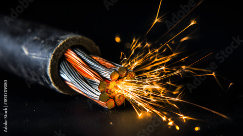 severed. Severed electrical cable with sparks from exposed copper wires. product launch decks, UI/UX mockups, designed for product launches and innovation pitches, highlights innovation.