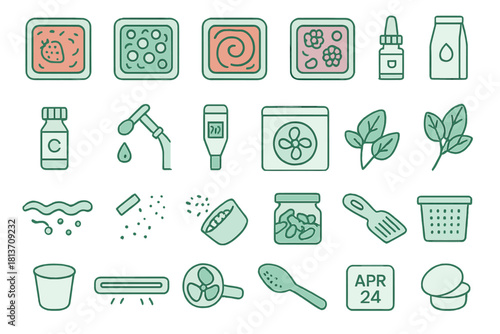Fermentation and probiotic icon set – ingredients, tools, and processes