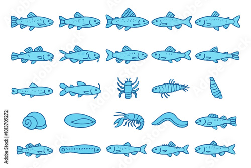 Aquatic species icons with neon blue glow on dark background