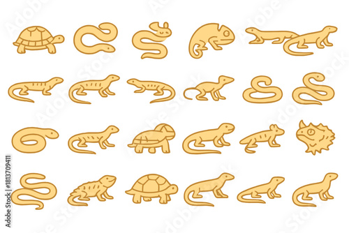 Reptile icon set with snakes, lizards, and turtles on gold