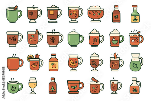 Cozy Autumn Drink Icons – Warm Beverages & Seasonal Bottles Set