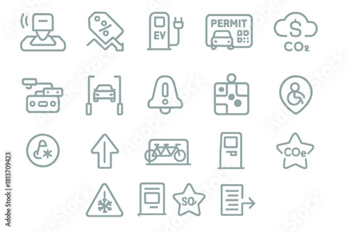Metallic-style icon set for parking, EVs, and urban transport