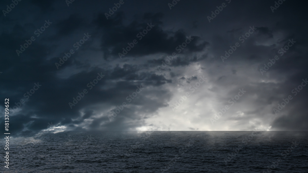 Fototapeta premium Cloud storm sky dark rain lightning thunder on sea ocean stormy typhoon nature light scene rainy atmosphere damage effect carbon dioxide dust air pollution 2.5 Pm, texture nature windstorm.