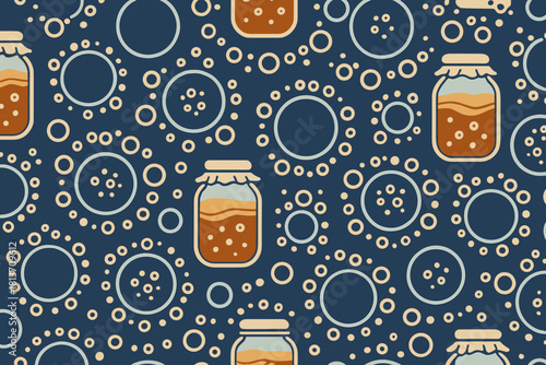 Seamless kombucha jar pattern with bubbles on dark background