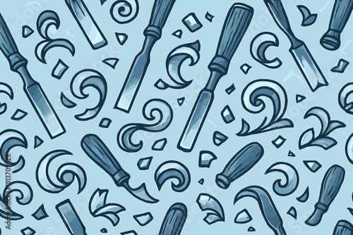 Seamless pattern of wood carving tools and shavings