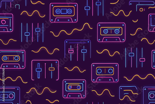 Neon seamless pattern with cassette tapes and equalizers