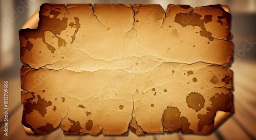 Old weathered parchment with cracked texture and brown stains on wooden background
