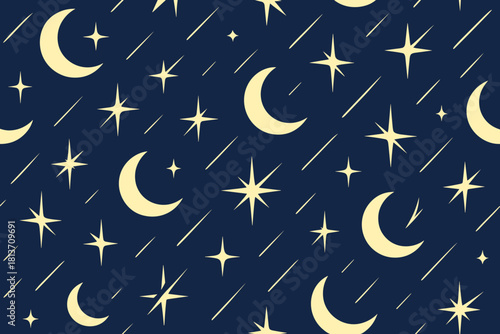 Seamless night sky pattern with crescent moons and stars