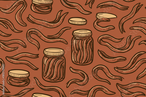 Seamless pattern of preserved chili peppers in jars