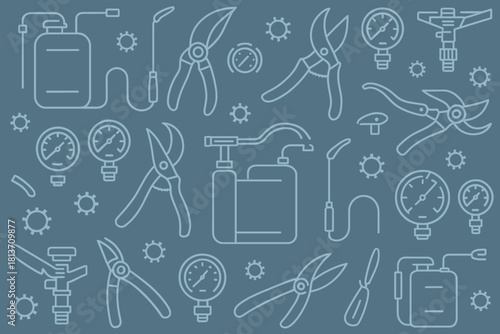 Seamless pattern of gardening tools and pressure gauges