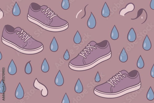 Seamless pattern of sneakers and raindrops on mauve background