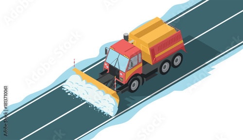 Snow Plow Truck Clearing Winter Road — Isometric Vector Illustration