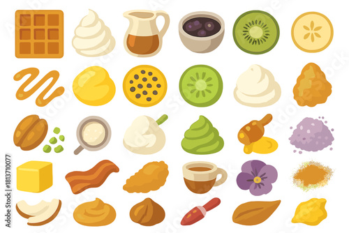 Breakfast toppings and ingredients icon set – sweet, savory, and fresh food elements