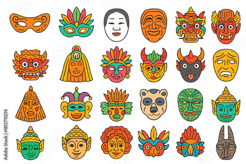 Colorful world mask collection with cultural and theatrical styles