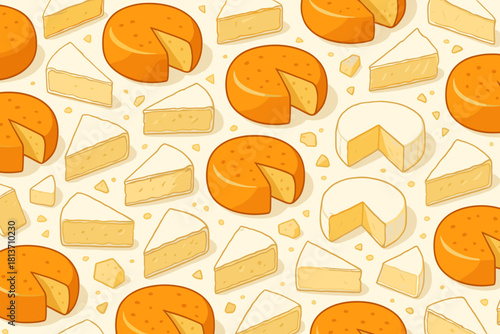 Seamless pattern of assorted cheese wheels and wedges