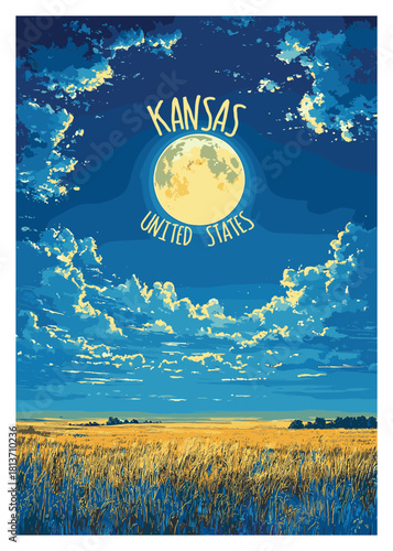 Kansas United States retro travel poster vector illustration showing a dramatic nighttime prairie landscape under a large full moon and cloudy sky.