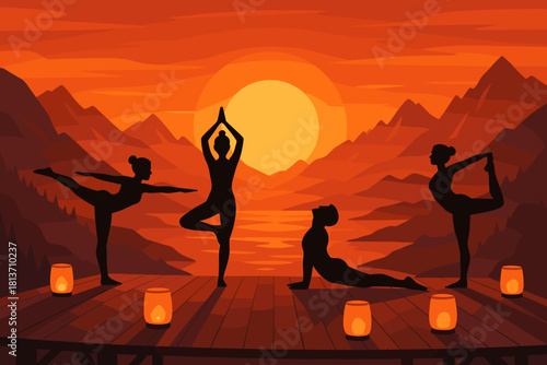 Women practicing yoga at sunset on mountain platform