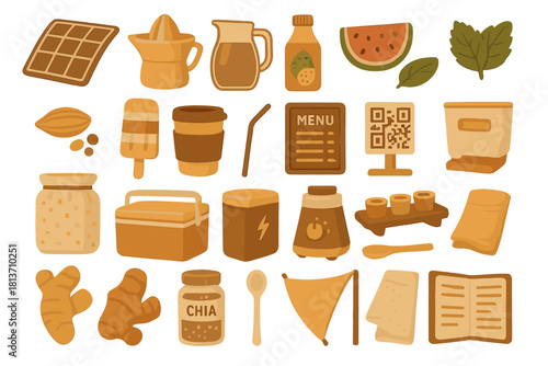 Warm Café & Health Bar Icons – Artisan Food & Drink Illustrations