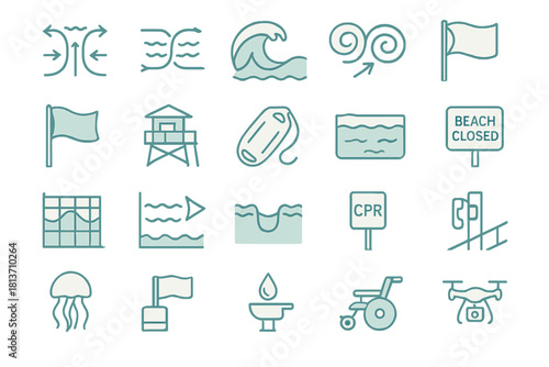 Set of beach safety and warning icons in modern line style