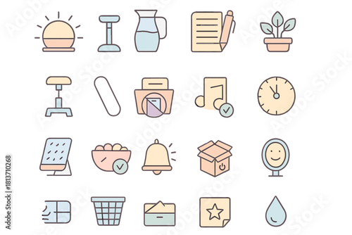 Soft Gradient Daily Life Icons – Habits, Wellness & Workspace Symbols