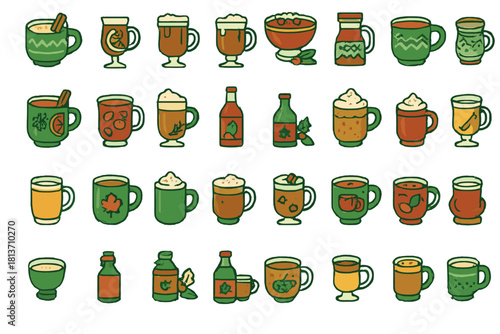 Festive Green Mug & Bottle Icon Set – Autumn and Holiday Drinks