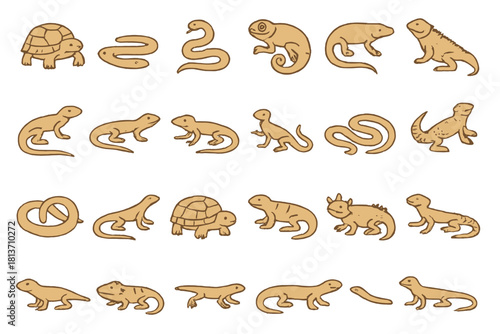 Hand-drawn reptile icon set with snakes, lizards, and turtles