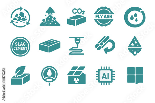 Eco Cement & AI Construction Icons – Slag Cement, Recycled Materials & Innovation Set