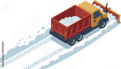 Snowplow Truck Isometric Vector Illustration — Winter Road Cleaning and Maintenance Concept