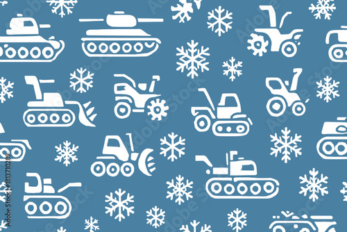 Seamless pattern with snowplows, tanks, and snowflakes