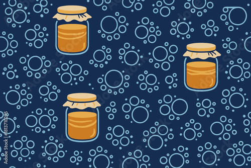 Seamless pattern of kombucha jars and bubbles on navy blue
