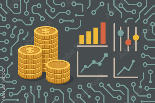 Stacked coins and financial charts over digital circuit background