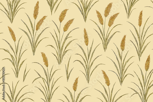 Hand-drawn seamless pattern of tall grass with golden seed heads on beige background