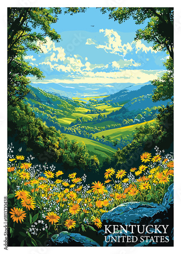 Kentucky United States retro travel poster vector illustration showcasing a vibrant green spring valley framed by trees and bright yellow wildflowers.