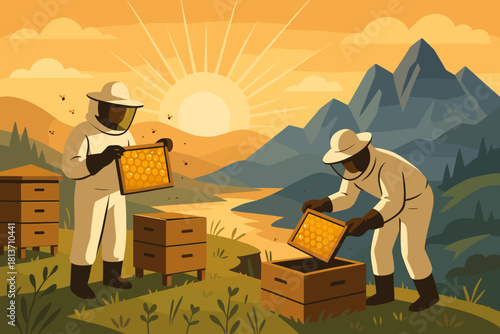 Beekeepers harvesting honeycomb frames in sunny mountain setting