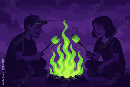 Happy campers roasting marshmallows over a glowing green fire