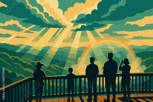 People watching sunrise and rainbow over mountain landscape