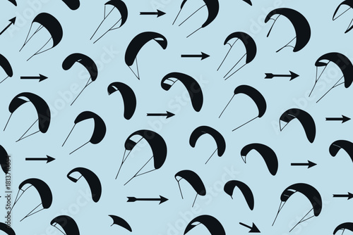 Seamless pattern of black kitesurfing sails and arrows