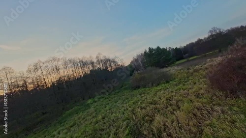 A low and fast drone flight over a river and meadow.