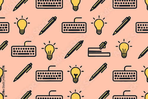 Seamless pattern with keyboards, pens, and light bulbs on pastel background