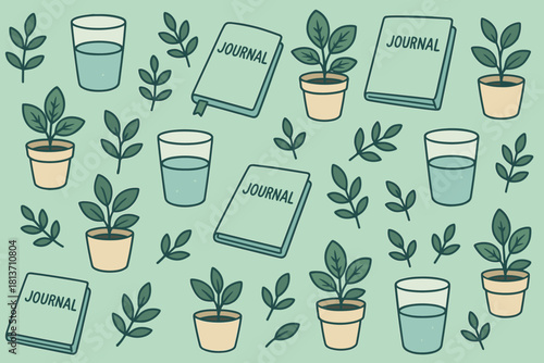 Pastel self-care pattern with journals, potted plants, and water glasses