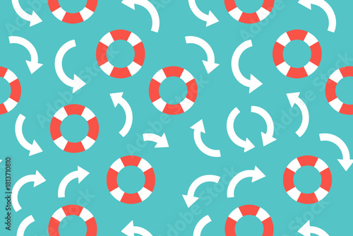 Playful nautical pattern with lifebuoys and curved arrows on blue background
